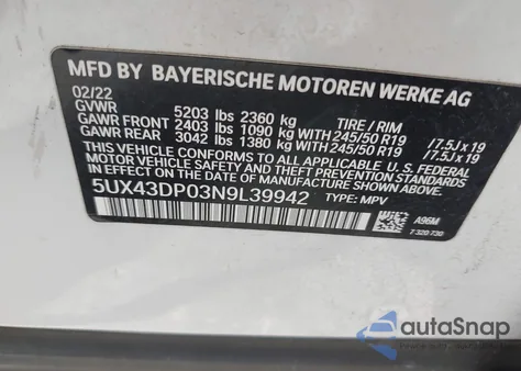 2022 BMW X3 Sdrive30I z USA, uszkodzony, nr VIN 5UX43DP03N9L39942
